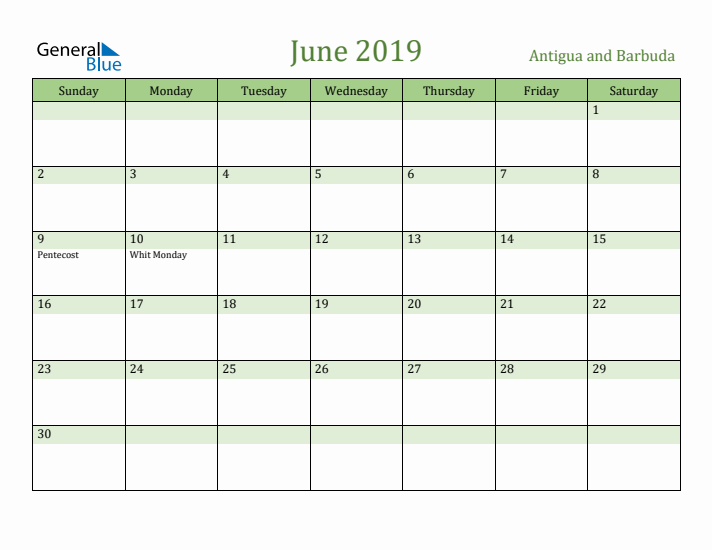 June 2019 Calendar with Antigua and Barbuda Holidays