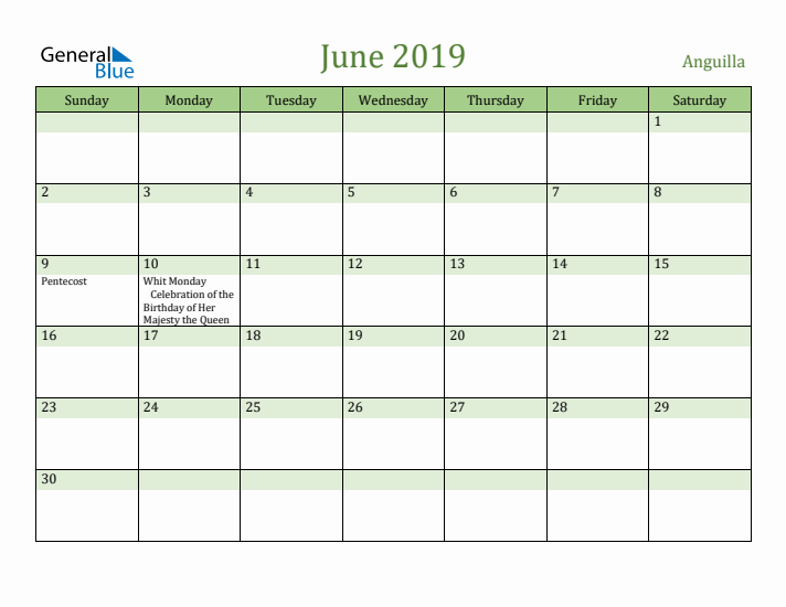 June 2019 Calendar with Anguilla Holidays