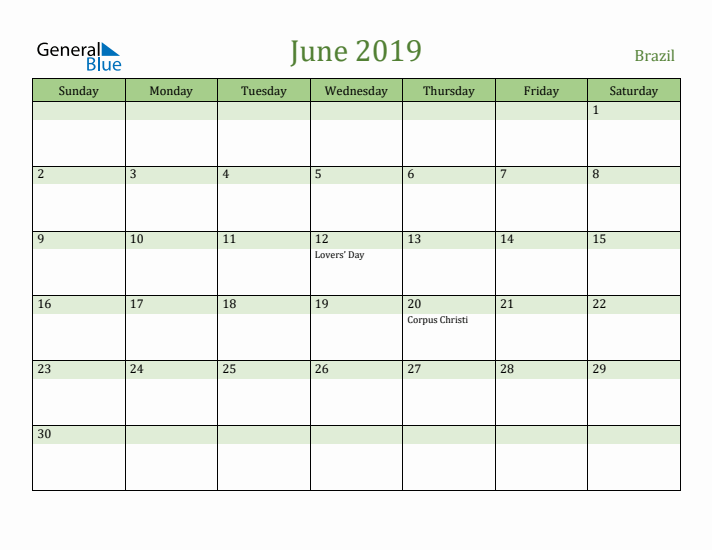 June 2019 Calendar with Brazil Holidays