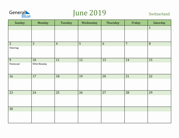 June 2019 Calendar with Switzerland Holidays