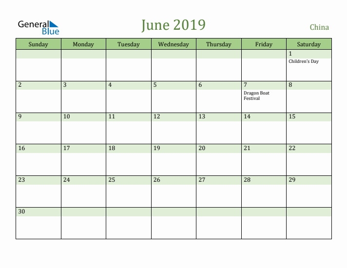 June 2019 Calendar with China Holidays