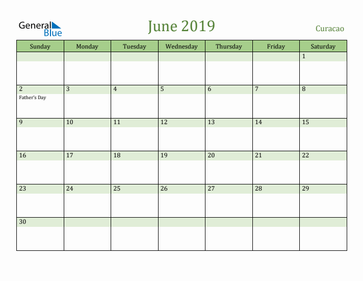 June 2019 Calendar with Curacao Holidays