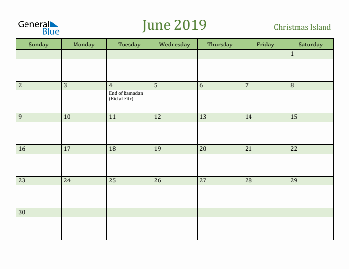 June 2019 Calendar with Christmas Island Holidays