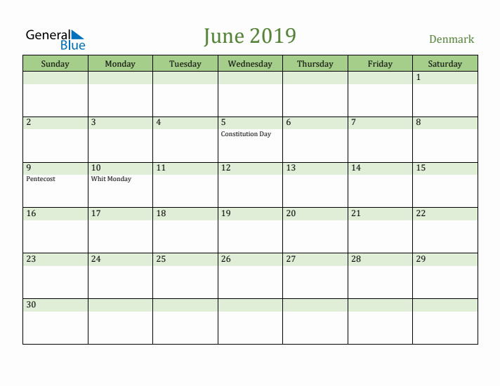 June 2019 Calendar with Denmark Holidays