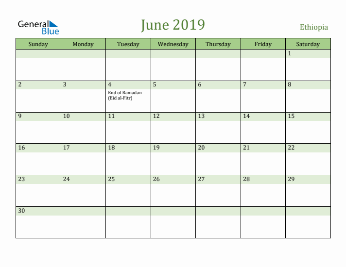 June 2019 Calendar with Ethiopia Holidays