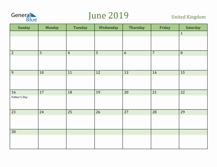 June 2019 Calendar with United Kingdom Holidays