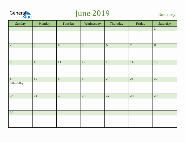 June 2019 Calendar with Guernsey Holidays