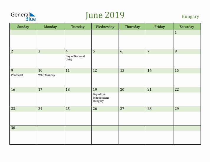 June 2019 Calendar with Hungary Holidays