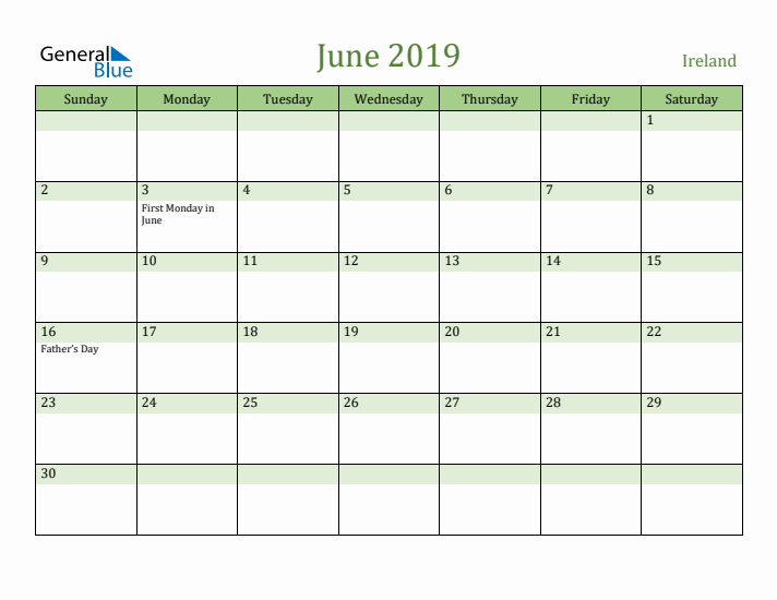 June 2019 Calendar with Ireland Holidays