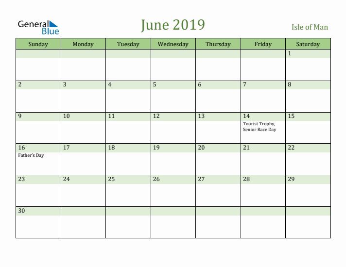 June 2019 Calendar with Isle of Man Holidays