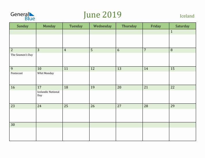 June 2019 Calendar with Iceland Holidays