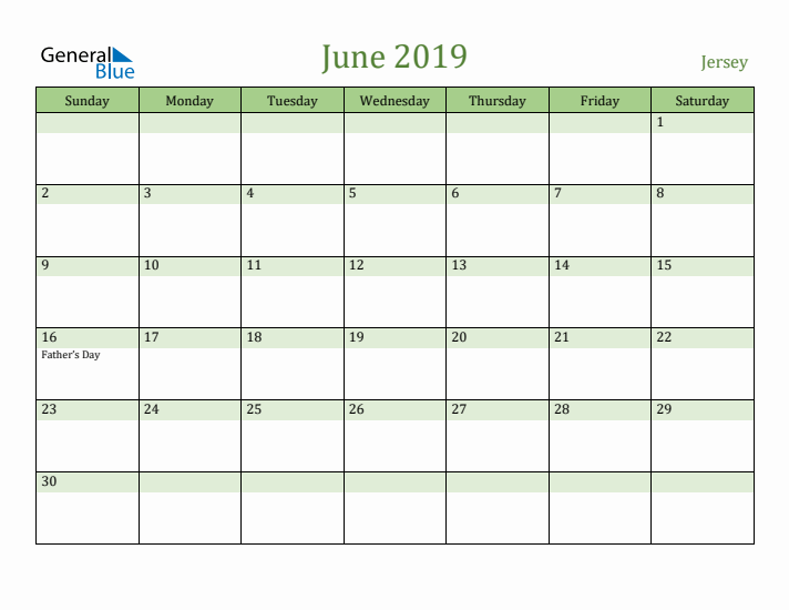 June 2019 Calendar with Jersey Holidays