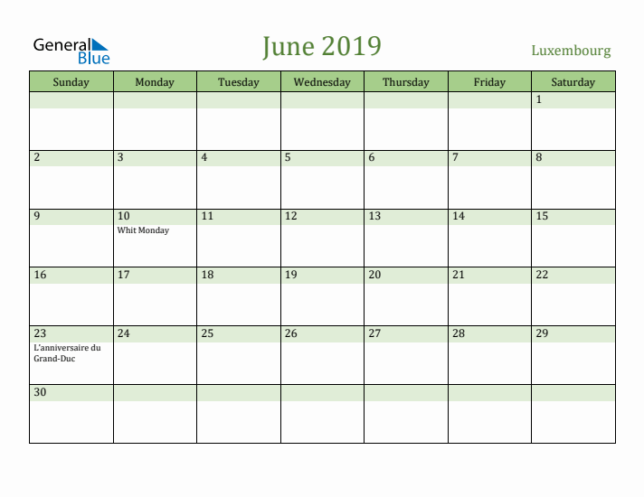 June 2019 Calendar with Luxembourg Holidays