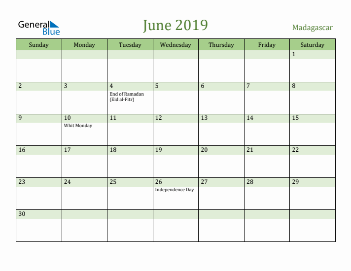 June 2019 Calendar with Madagascar Holidays