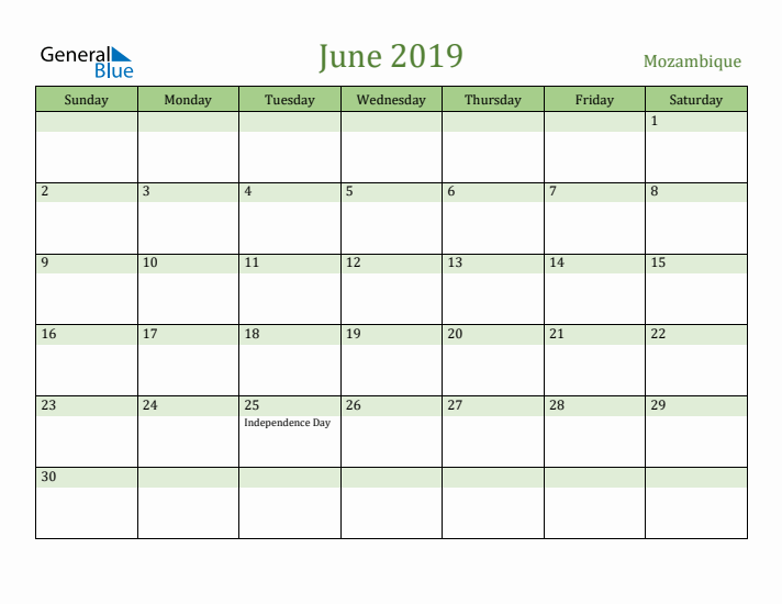 June 2019 Calendar with Mozambique Holidays