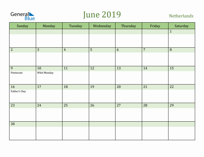 June 2019 Calendar with The Netherlands Holidays