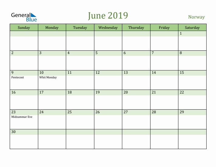 June 2019 Calendar with Norway Holidays