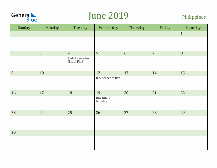 June 2019 Calendar with Philippines Holidays