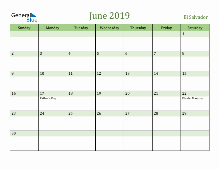 June 2019 Calendar with El Salvador Holidays