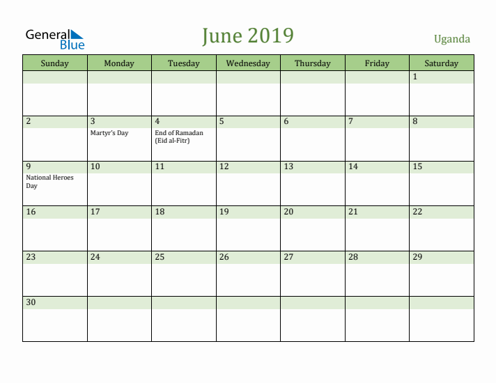 June 2019 Calendar with Uganda Holidays