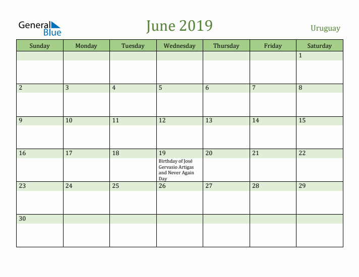 June 2019 Calendar with Uruguay Holidays