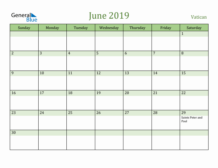 June 2019 Calendar with Vatican Holidays