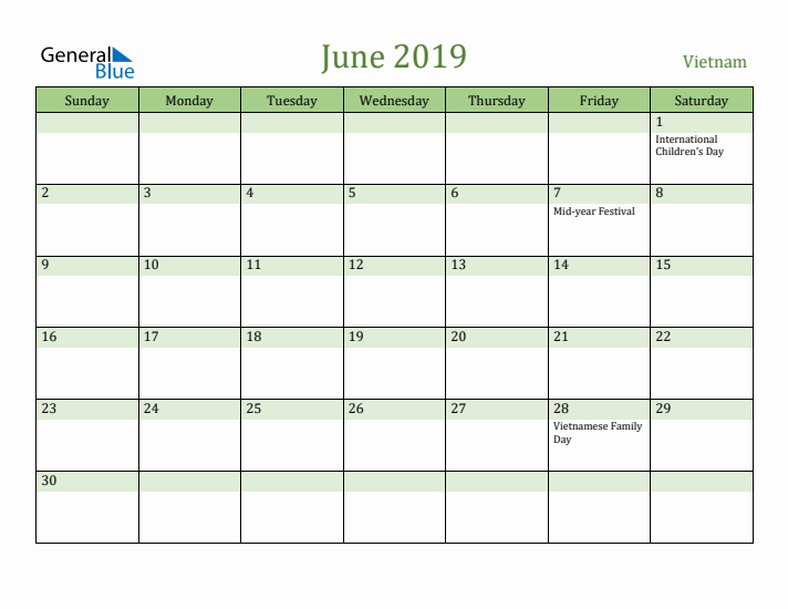 June 2019 Calendar with Vietnam Holidays