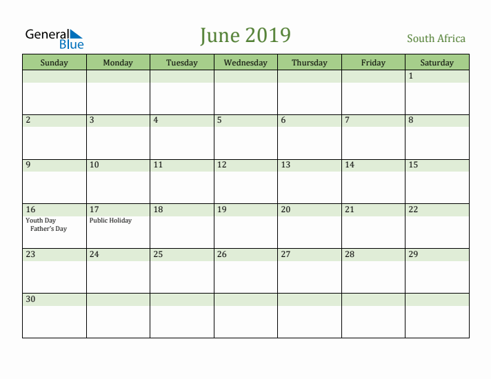 June 2019 Calendar with South Africa Holidays