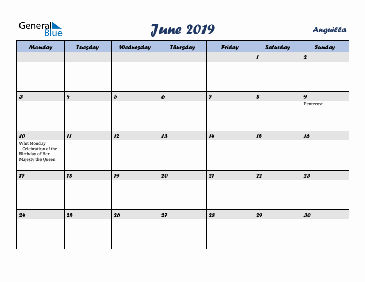 June 2019 Calendar with Holidays in Anguilla