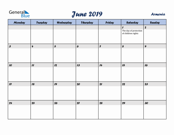 June 2019 Calendar with Holidays in Armenia