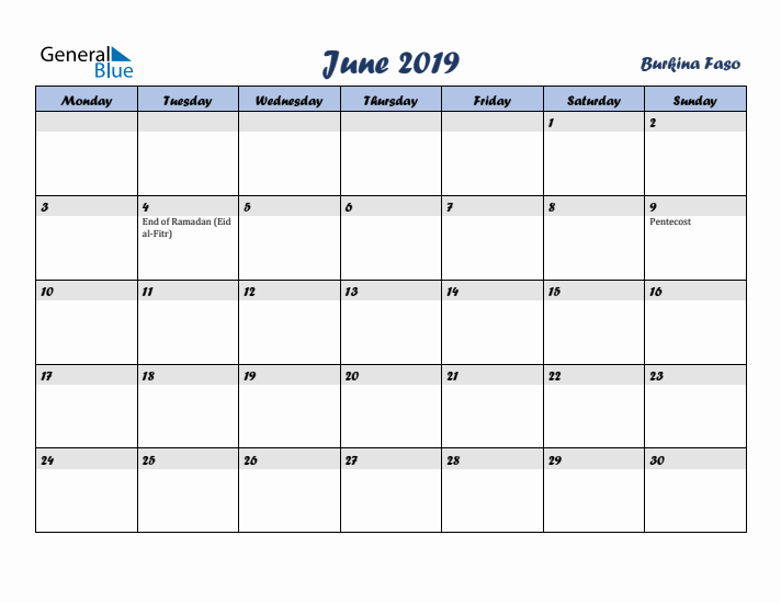 June 2019 Calendar with Holidays in Burkina Faso