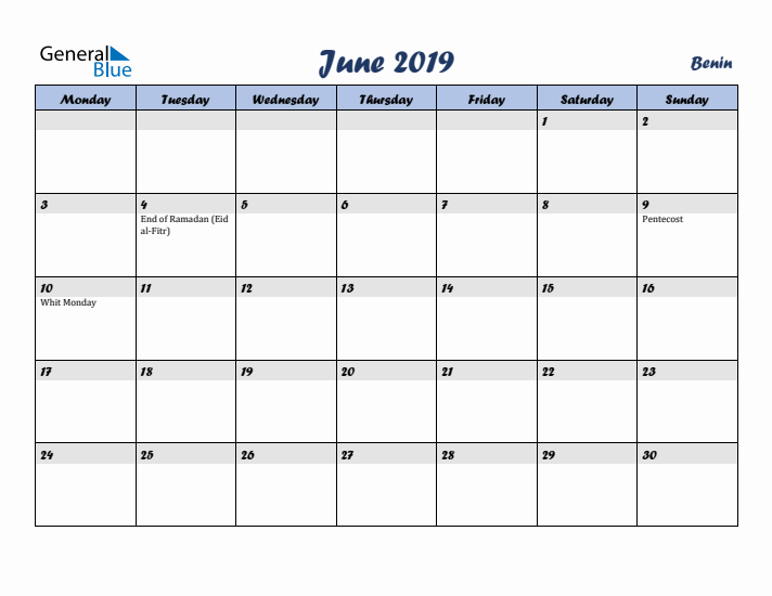 June 2019 Calendar with Holidays in Benin