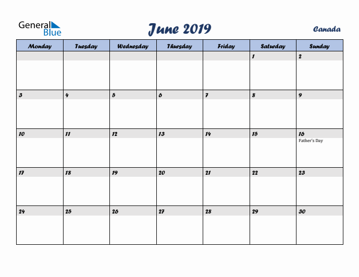 June 2019 Calendar with Holidays in Canada