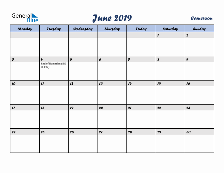 June 2019 Calendar with Holidays in Cameroon