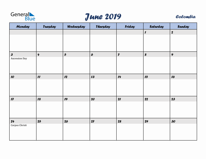 June 2019 Calendar with Holidays in Colombia