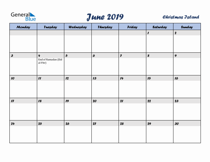 June 2019 Calendar with Holidays in Christmas Island