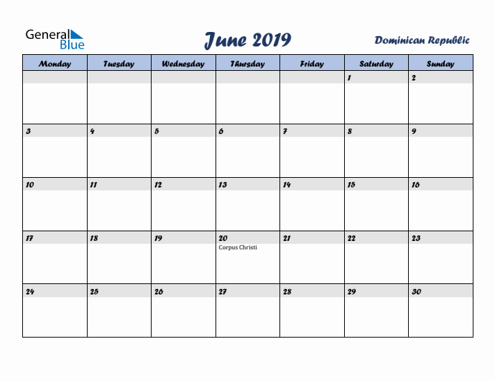 June 2019 Calendar with Holidays in Dominican Republic