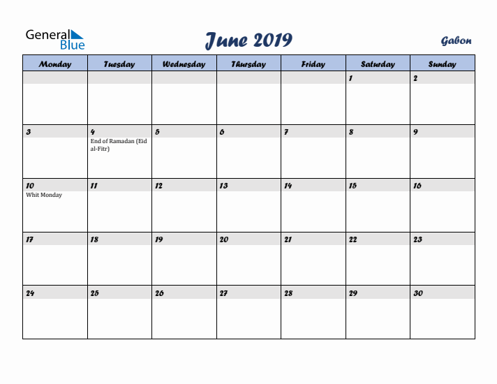 June 2019 Calendar with Holidays in Gabon