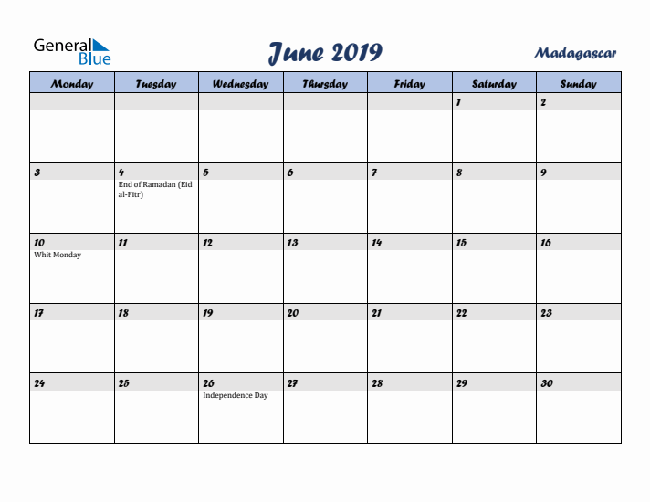 June 2019 Calendar with Holidays in Madagascar