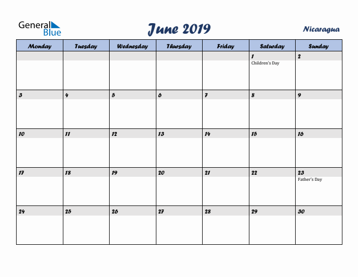 June 2019 Calendar with Holidays in Nicaragua