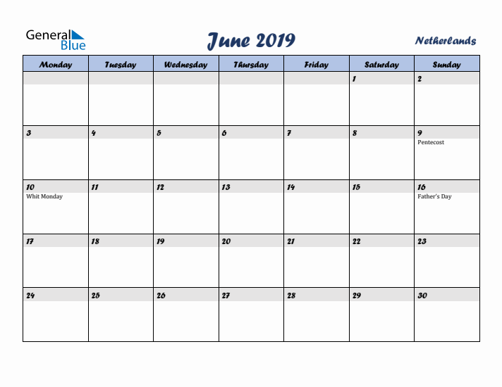 June 2019 Calendar with Holidays in The Netherlands