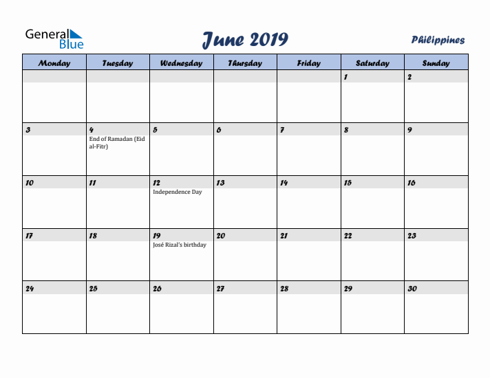 June 2019 Calendar with Holidays in Philippines