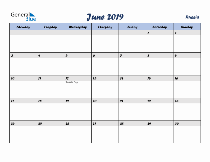 June 2019 Calendar with Holidays in Russia