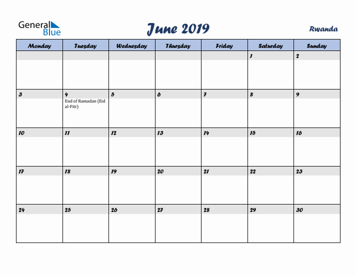 June 2019 Calendar with Holidays in Rwanda