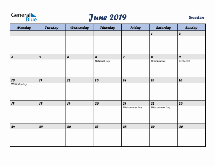 June 2019 Calendar with Holidays in Sweden