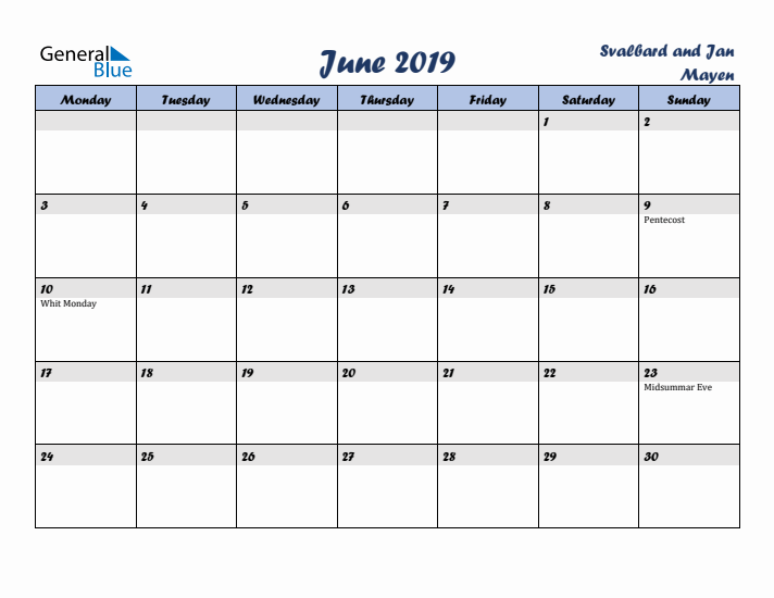 June 2019 Calendar with Holidays in Svalbard and Jan Mayen