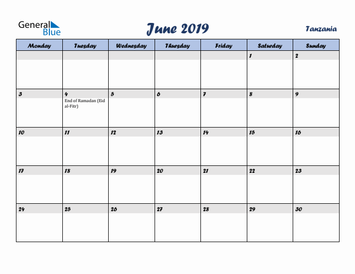 June 2019 Calendar with Holidays in Tanzania