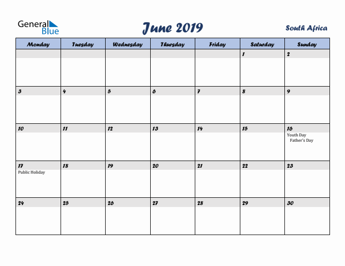 June 2019 Calendar with Holidays in South Africa