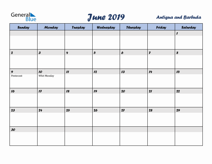 June 2019 Calendar with Holidays in Antigua and Barbuda