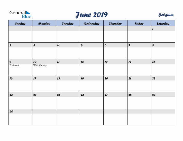 June 2019 Calendar with Holidays in Belgium